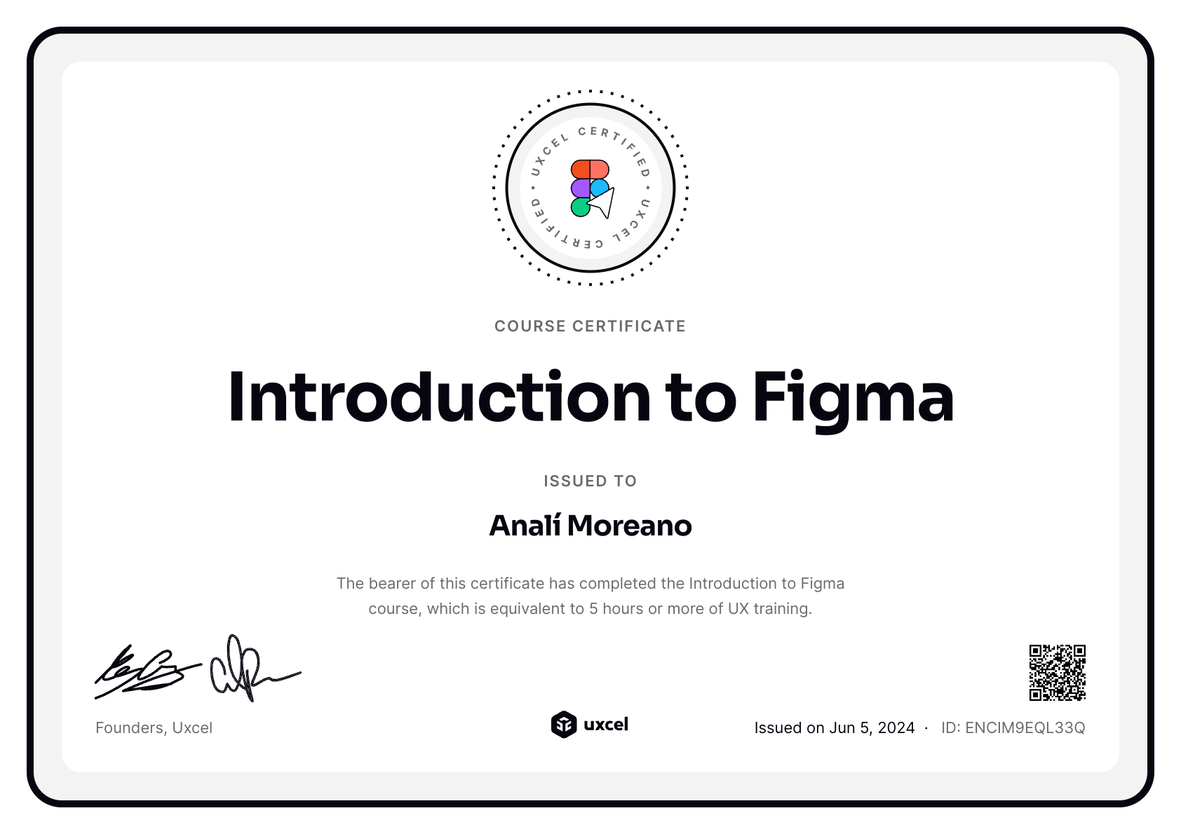 Analí Moreano's certificate